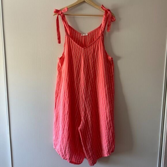 Made in Italy Linen Striped Romper Jumpsuit Coral Pink Tie Strap Boho Resort M/L - Picture 1 of 8